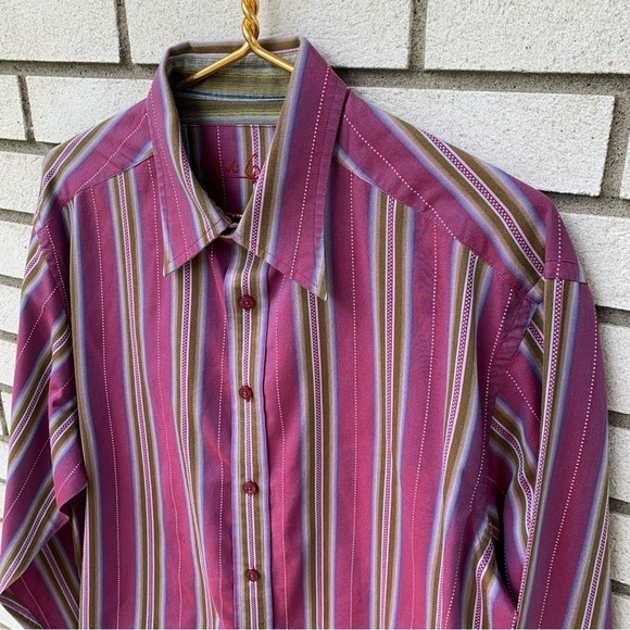 Robert Graham Striped Button Down Shirt L Burgundy Olive Blue Cotton Retro - Picture 2 of 12